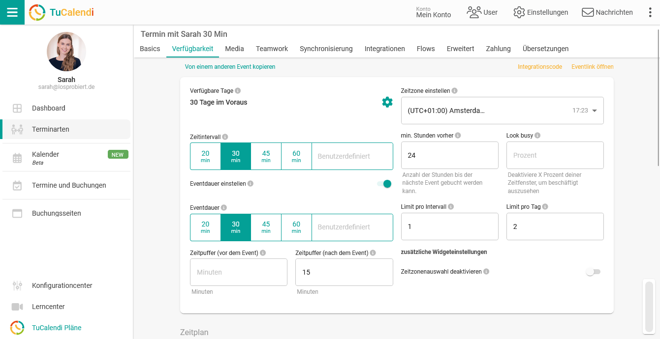 Screenshot aus TuCalendi: Verfügbarkeitseinstellungen Screenshot aus TuCalendi: Verfügbarkeitseinstellungen
